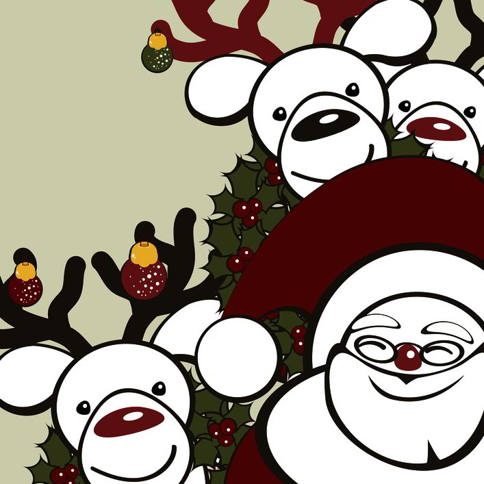 Christmas background with funny reindeers and Santa Claus.