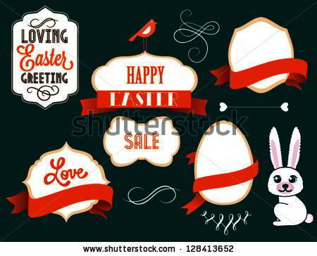 Easter card with many graphical Easter elements. Easter eggs, flowers, labels, animals. Loving Easter greeting.